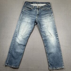Wrangler Jeans Mens 32x30 Blue Denim Mid Rise Straight Distressed Grunge Whisker